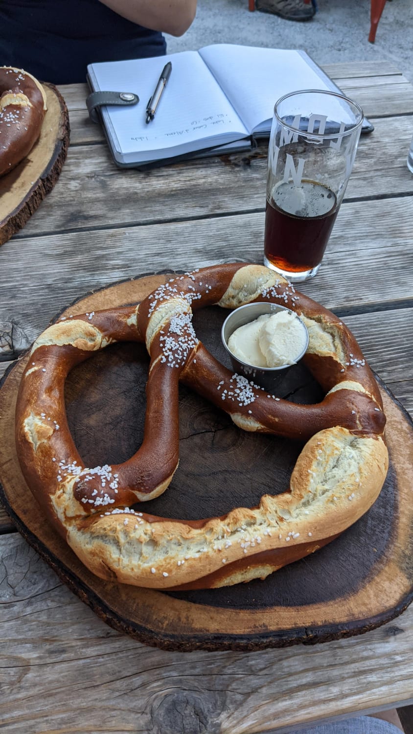 [I ate] giant German pretzel with whipped cheese.