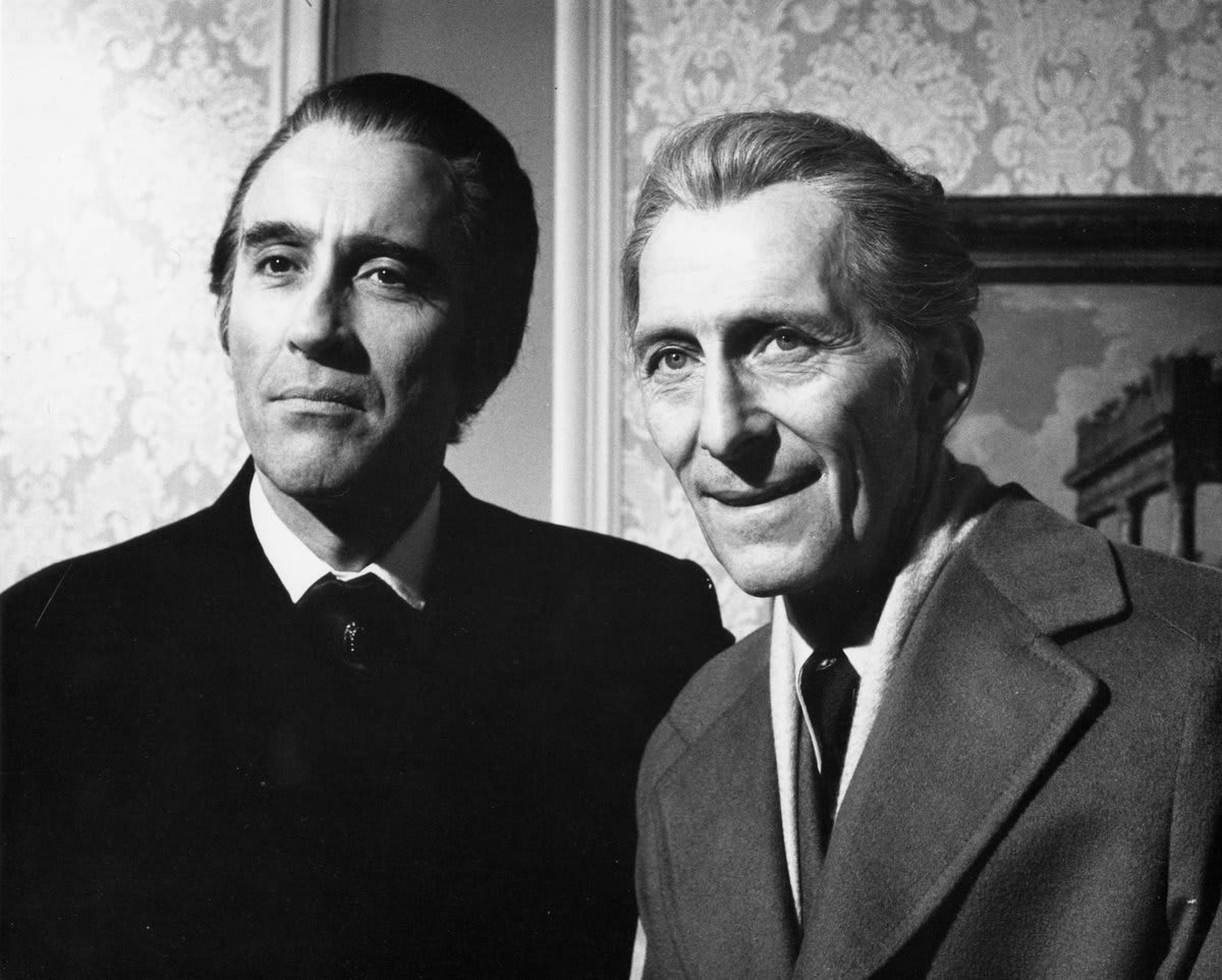 Christopher Lee with longtime friend Peter Cushing, on the set of 'The Satanic Rites of Dracula' Hammer (1973)