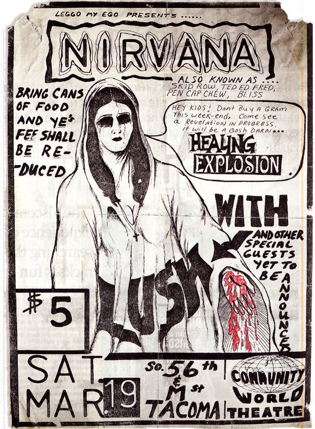 Flyer for Nirvana and Lush gig, Saturday March 19, 1988. I Like the mention of their previous band names.