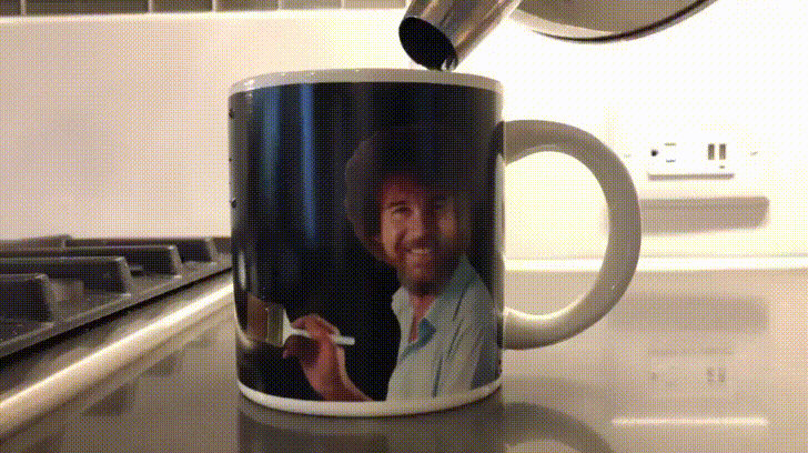 My new Bob Ross mug after pouring hot water into it