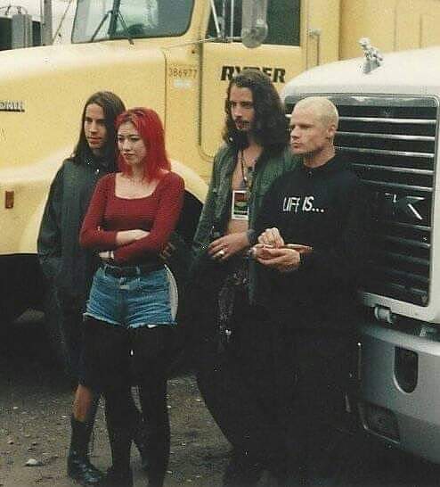 Chris Cornell of Soundgarden with Anthony Kiedis and Flea of Red Hot Chili Peppers & Miki Berenyi of Lush. Lollapalooza. 1992