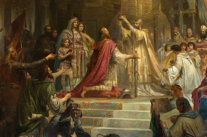 The Coronation of Charlemagne, 1861 CE, by Friedrich Kaulbach (1822-1903 CE). The painting depicts the crowning of Charlemange (742-814 CE) as Holy Roman Emperor by Pope Leo III (r. 795-816 CE) on 25 December 800 CE.