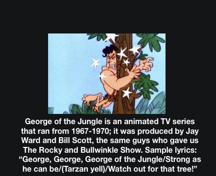 Joel: Watch out for that tree! [Sung.] George of the Jungle Theme Song. ** George of the Jungle is an animated TV series that ran from 1967-1970; it was produced by Jay Ward and Bill Scott, the same guys who gave us The Rocky... ** MST3K #307 ~ Daddy-O