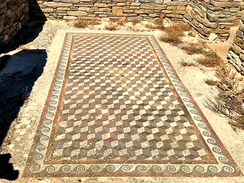 A mosaic with a three dimensional cube pattern in a house on the Greek island of Delos, dating 2nd century BC.