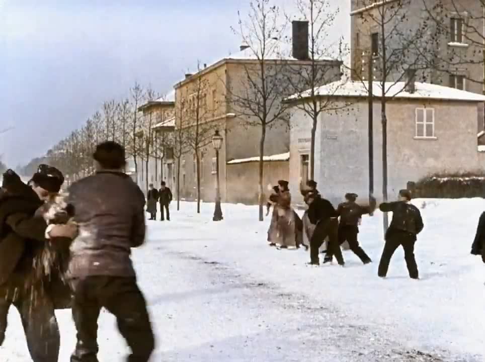 Snowball fight on the streets of Lyon, France, 1896
