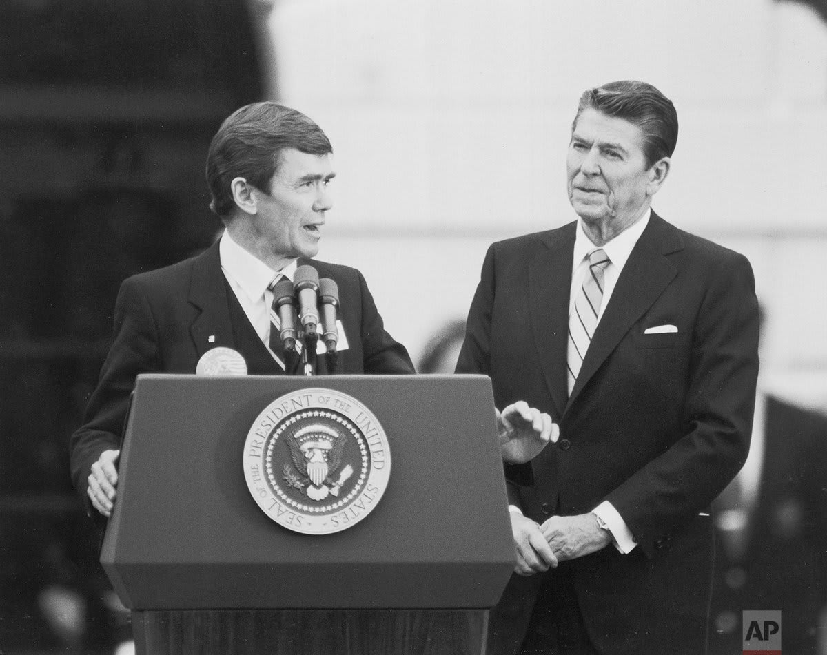 OTD in 1981, President Ronald Reagan and his wife, Nancy, greeted the 52 former American hostages released by Iran at the White House. Photo shows Bruce Laingen, one of 52 Americans held hostage, speaking at the official welcome ceremony at the White House as Reagan listens.