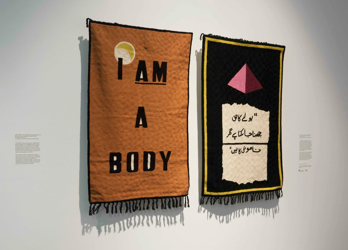 How do we call attention to humanity? ⁠ Baseera Khan's Psychedelic Prayer Rugs series references the Memphis sanitation strike of '68. The words, "I AM A BODY" allude to protest signs that read, "I AM A MAN." ⁠ See these wool rugs on view through 7/10: