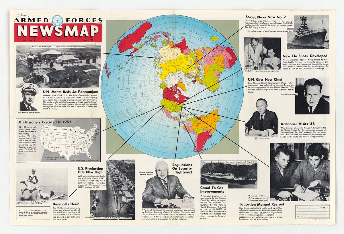 Korean War-era "Newsmap" poster from April 13, 1953 includes news from around the world, including the possibility of truce talks in the ongoing conflict. "U.S. Northeast Command - Vital Bulwark of Defense" on reverse: