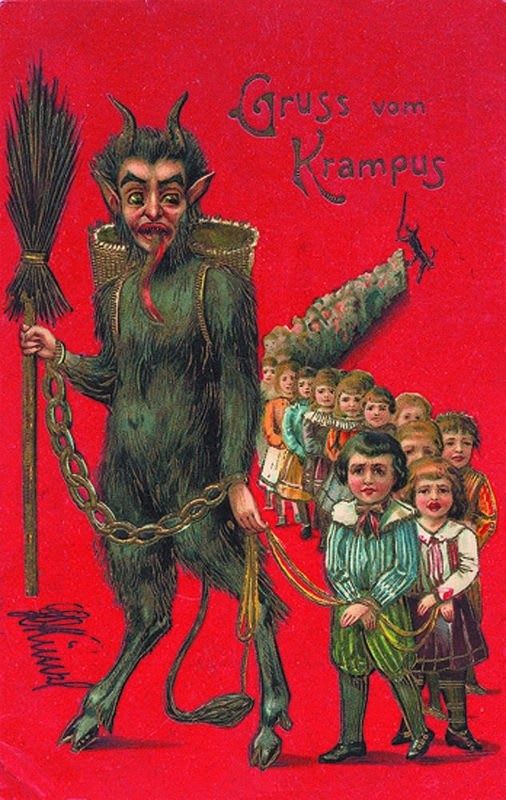 Careful out there tonight for it's #Krampusnacht! Popular in German-speaking Alpine folklore, the figure of Krampus is a devil-like horned creature who punishes badly-behaved children the night before St Nicholas' Day. More Krampus cards here: