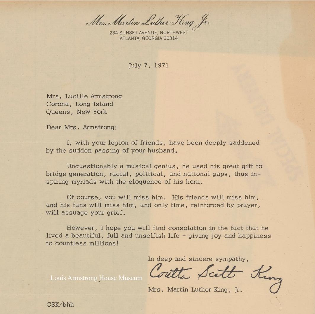 Condolence letter from Coretta Scott King on the death of Louis Armstrong (1971)