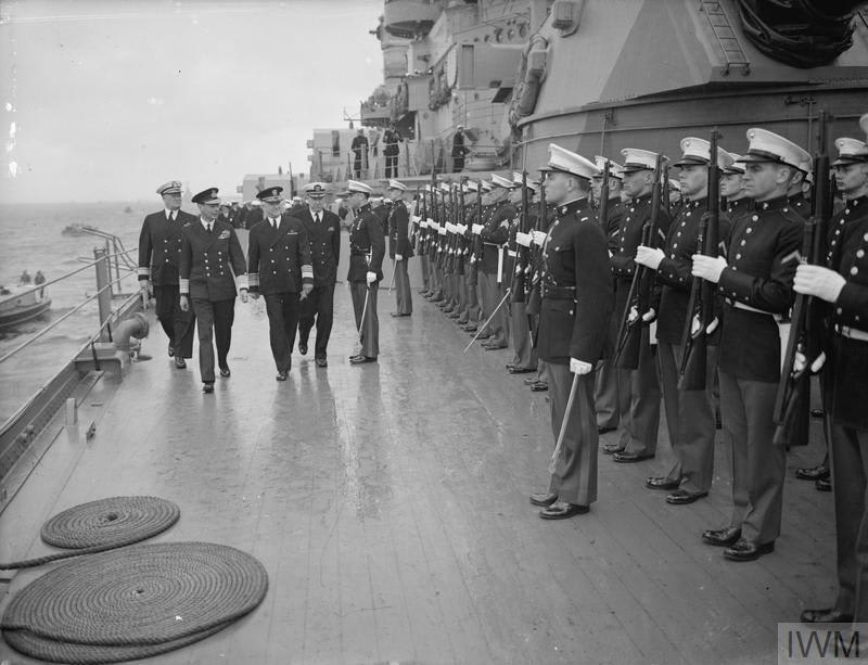 7 June 1942. King George VI inspects an Honor Guard of US Marines aboard the battleship USS Washington (BB-56) at Scapa Flow, Scotland.