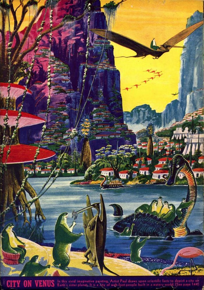 A City on Venus: finally pterodactyls are made to earn their keep! Art by Frank R Paul for Amazing Stories.