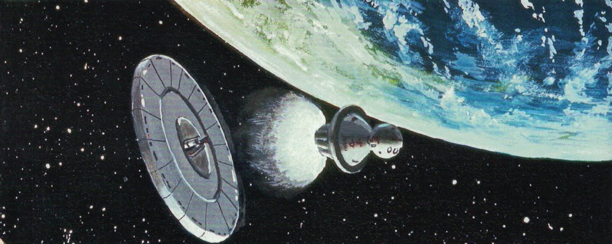 2001 A Space Odyssey concept art. In this early version of the story the Discovery leaves Earth orbit and arrives at Jupiter. Art uncredited but could be Roy Carnon
