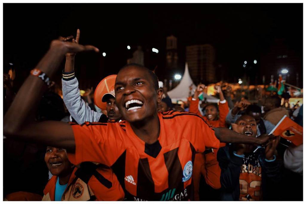 August 12, 2017. Supporters of Uhuru Kenyatta celebrate his re-election at KICC in Nairobi, moments after the results of the presidential e…