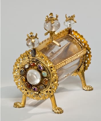 Reliquary made of rock crystal, gilded copper, and decorated with gemstones. Cologne, Germany, circa 1200, from The Schnutgen Museum.