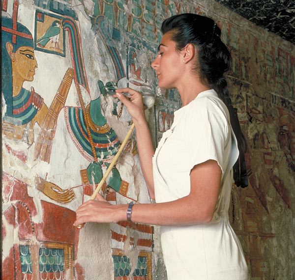 Conserving wall paintings in the Tomb of Queen Nefertari, Valley of the Queens, QV66, in 1985, The Getty Institute. Nefertari was the Great Royal Wife of Rameses the Great, his reign, 1279 to 1213 BCE.