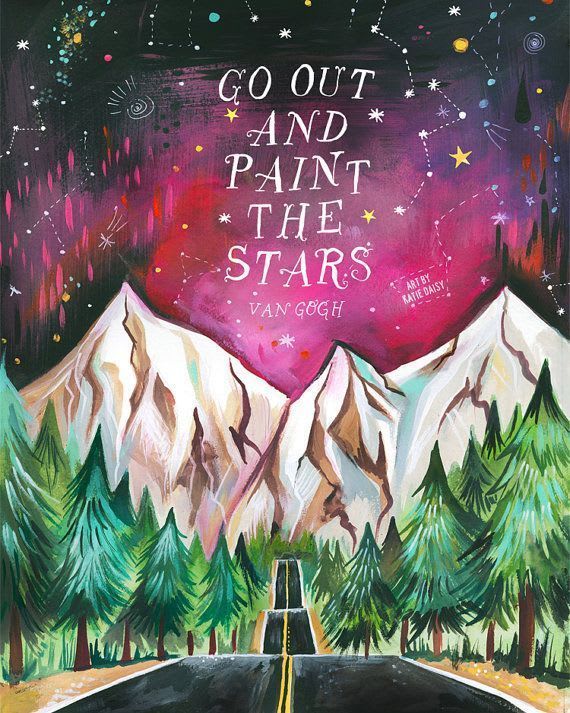 Paint The Stars Van Gogh Art Print | Inspirational Wall Art | Watercolor Mountains | Landscape Painting | Katie Daisy |