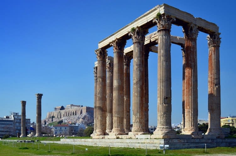 The Temple of Olympian Zeus in Athens, also known as the Olympieion, was built over several centuries starting in 174 BCE and only finally completed by Roman emperor Hadrian in 131 CE.