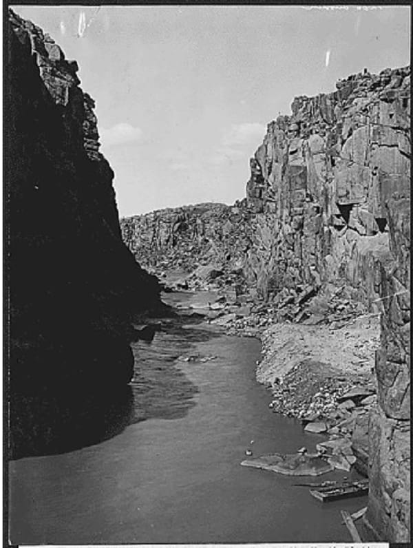 "Pathfinder Dam site; view looking up the North Platte River showing the dam site" OTD in 1905