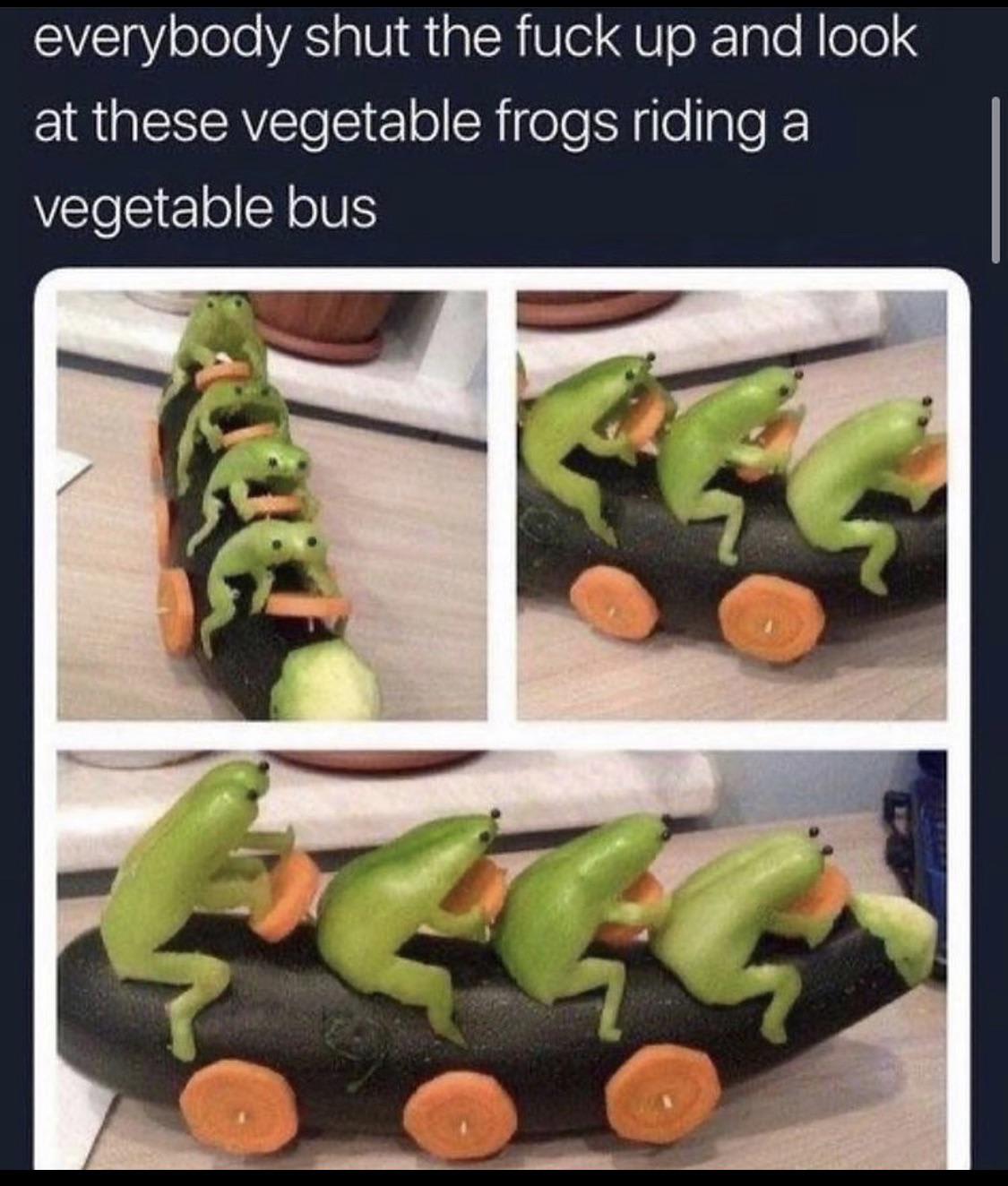 Vegetable frogs riding a vegetable bus