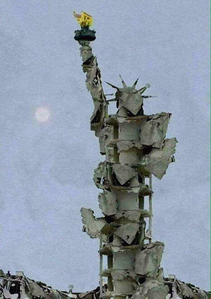 Statue of Liberty made from bombed rubble of Aleppo, by Syrian artist Tammam Azzam