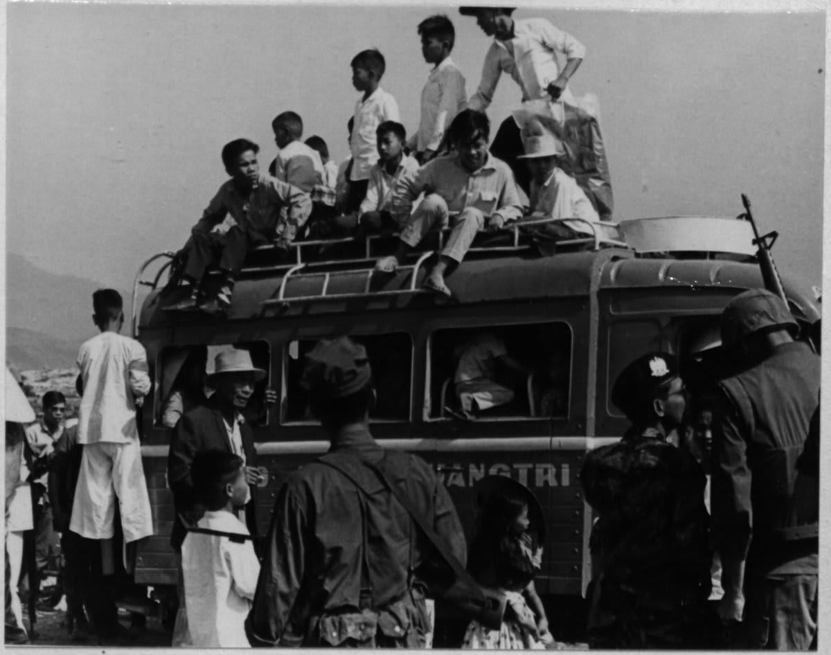 “EVACUATION–A Bus overflowing with Namo residents reaches safety after appeal to evacuate town prior to air strike.” During the TetOffensive 50 years ago OTD 1968: