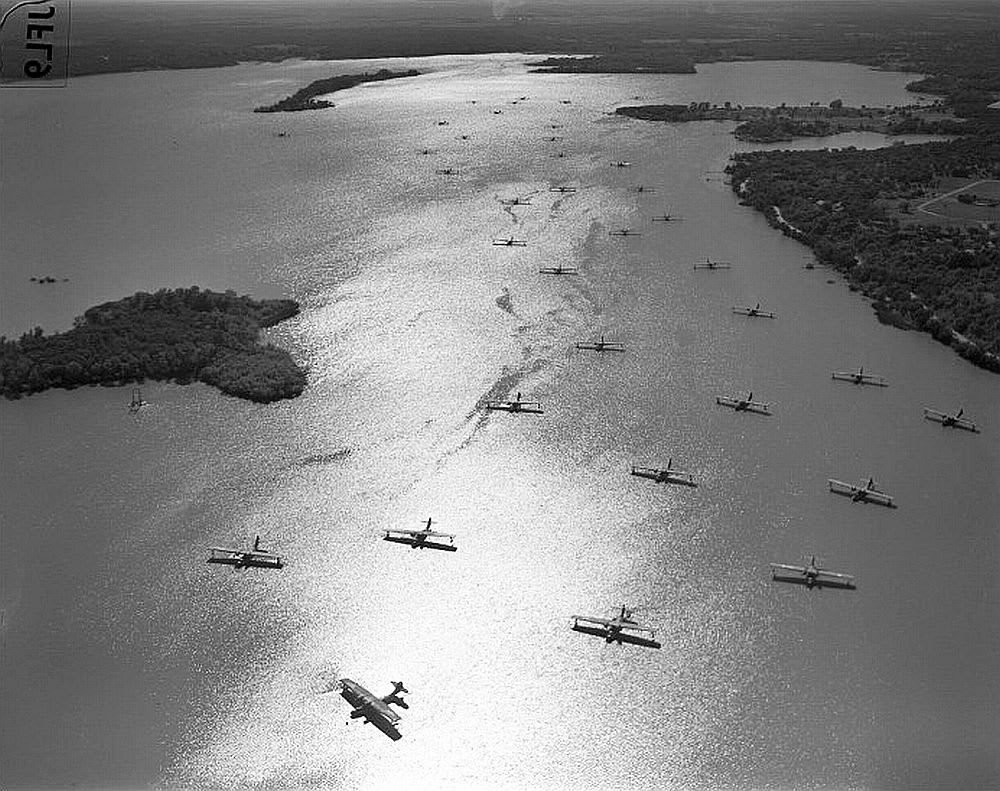 PBY seaplanes moored on Lake Worth in 1940 at Fort Worth, Texas.