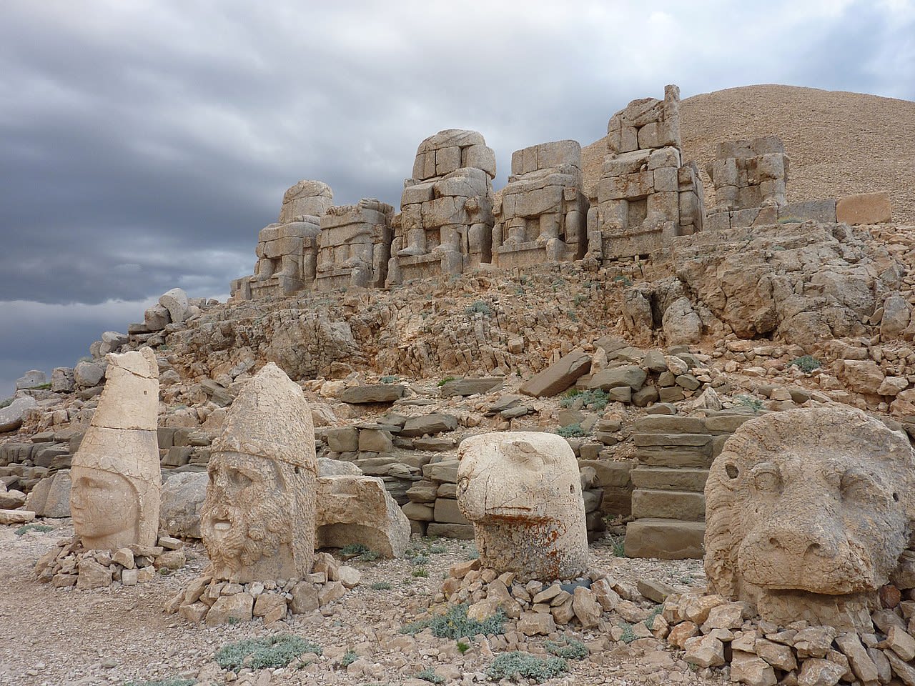 Statues on top of Mount Nemrut, Turkey - contructed in 62BCE by the King of Greco-Iranian Kingdom of Commagene, depicting Greek Gods, Iranian Gods, and the King's family