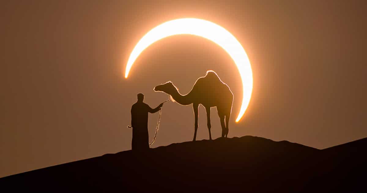 Perfectly Timed Photo Frames a Solar Eclipse Around a Man Leading a Camel in the Desert
