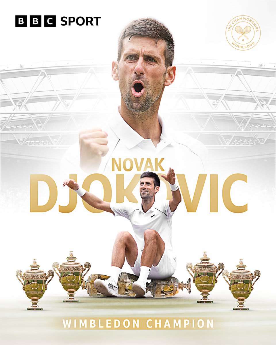 NOVAK DJOKOVIC HAS DONE IT! 👏 He's become a seven-time Wimbledon champion. 🏆🎾 He seals his fourth consecutive victory at SW19, and moves one Grand Slam behind Rafael Nadal on 21.
