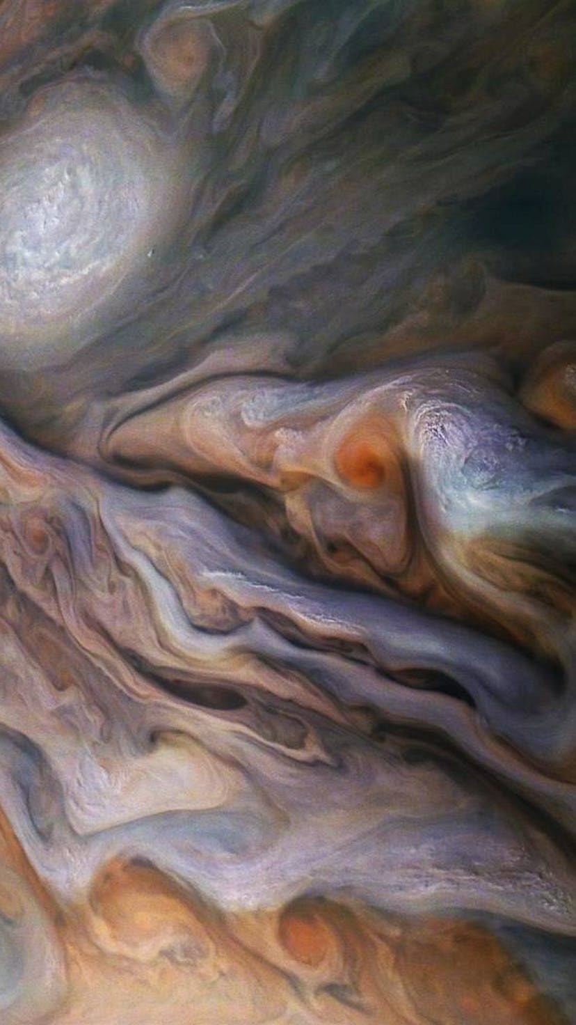 Jupiter. NASA's Juno spacecraft was 4400 miles above the cloud tops when it snapped this picture of swirling clouds.