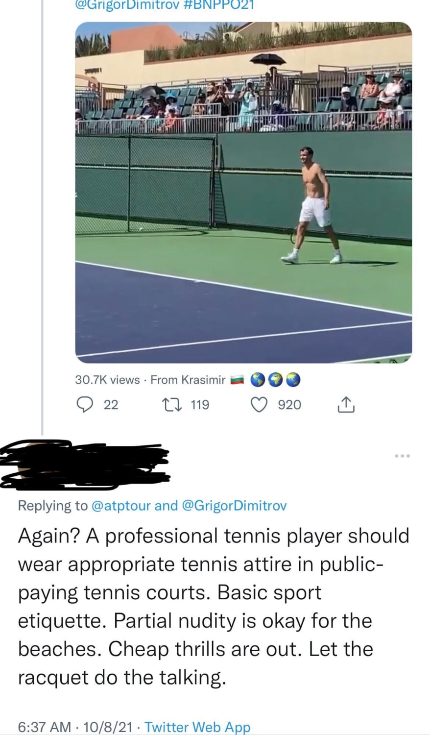 New tennis copypasta of tennis fan on Twitter complaining about Grigor Dimitrov not wearing a shirt during practice.