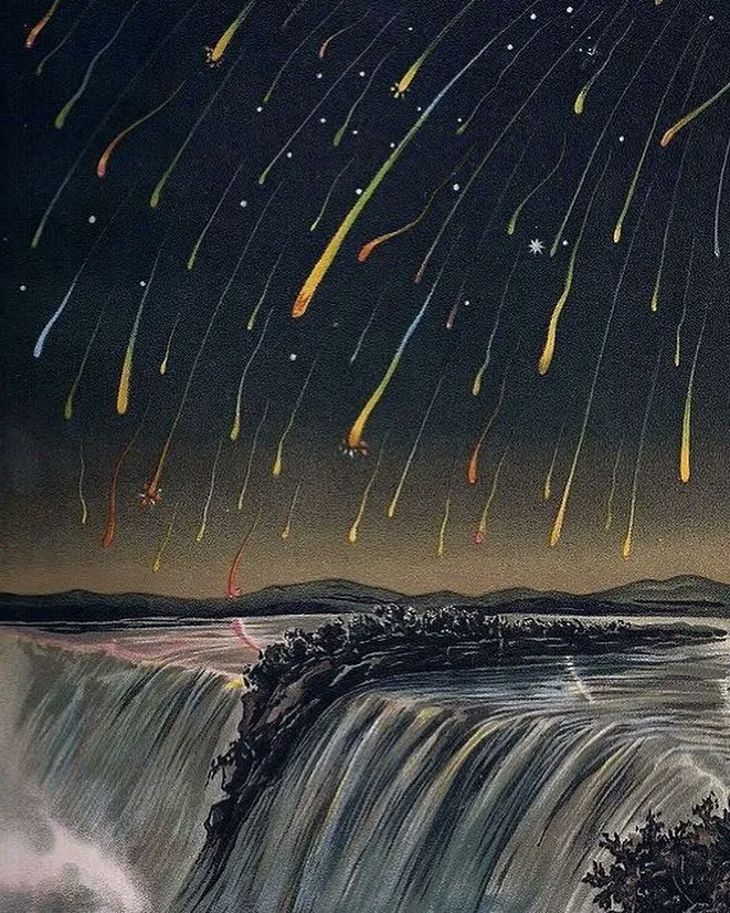 Leonid Meteor Storm, as seen over N. America 188 yrs ago onthisday on the night of Nov 12-13th, 1833, pictured in E. Weiß's Bilderatlas der Sternenwelt (1888).⠀ ⠀ More meteors (and comets) in our post "Flowers of the Sky" —