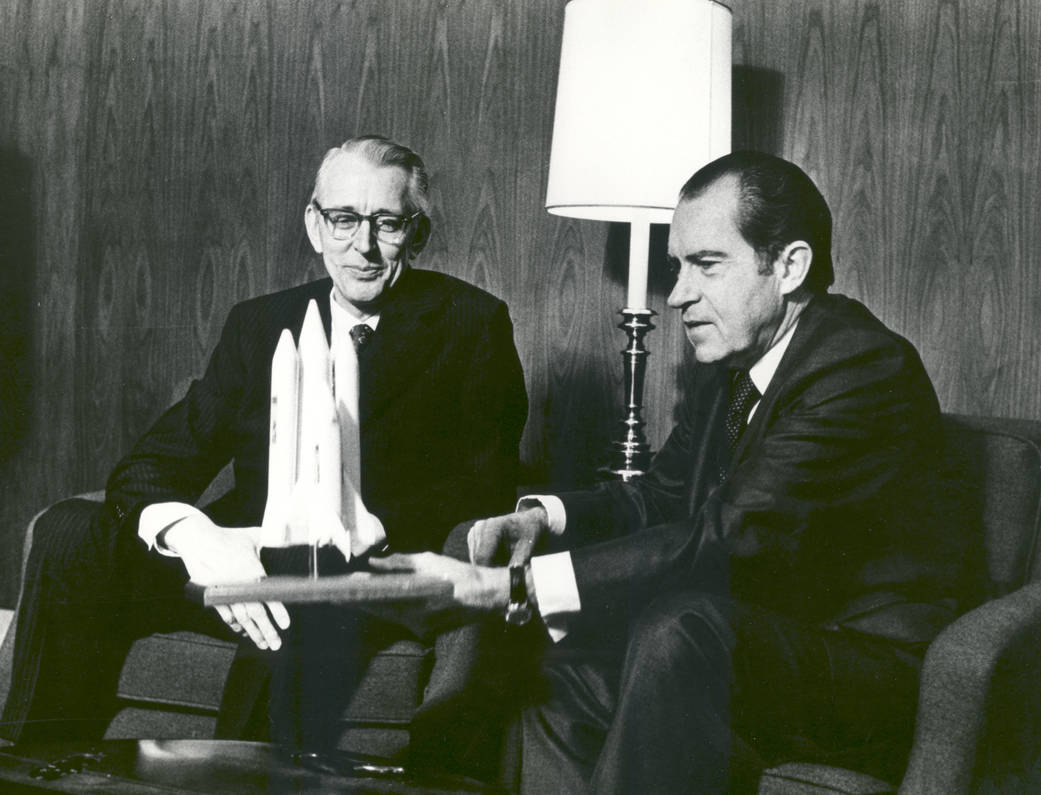 OTD 5 January 1972, President Richard Nixon announced the start of development of the US space transportation system, or 'Space Shuttle'. Here seen with NASA Administrator Dr James Fletcher discussing the proposed vehicle