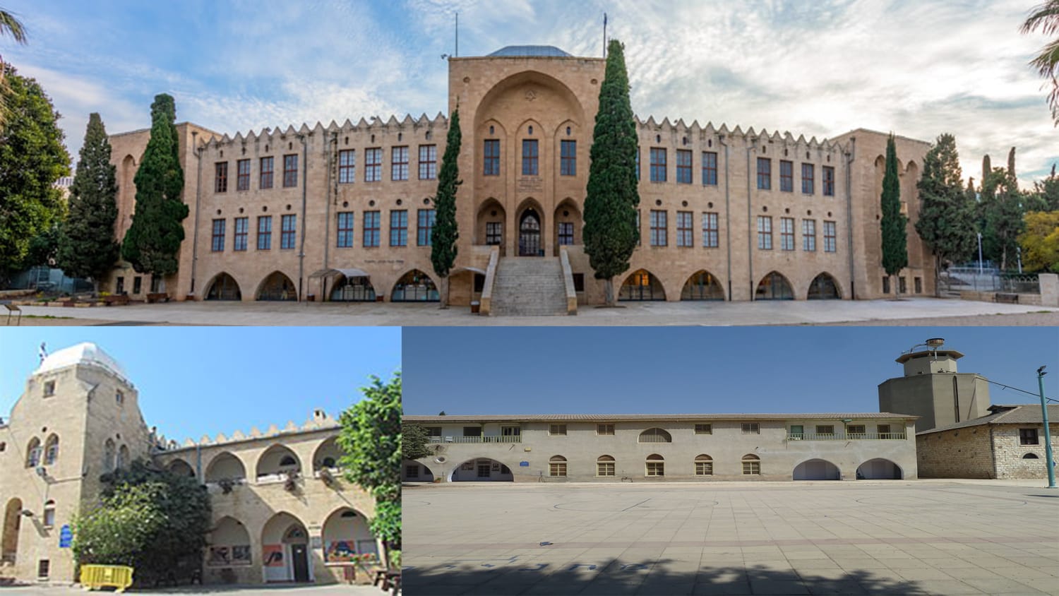 Buildings of the Eretz-Israel style. Jewish settlers in Ottoman Palestine tried to create a new distinct architecture by mixing native Arab and some European features (rest in comments). The buildings from left to right are: The national science museum, Hebrew Reali School and Merhavia