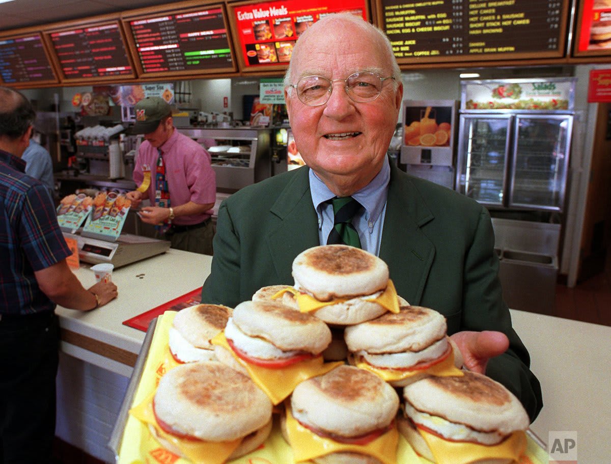 The McDonald’s Egg McMuffin celebrates its 50th anniversary today. Herb Peterson, the creator of the Egg McMuffin, shows off his invention at one of his McDonald's franchises in Santa Barbara, Calif., Tuesday, April 1, 1997.