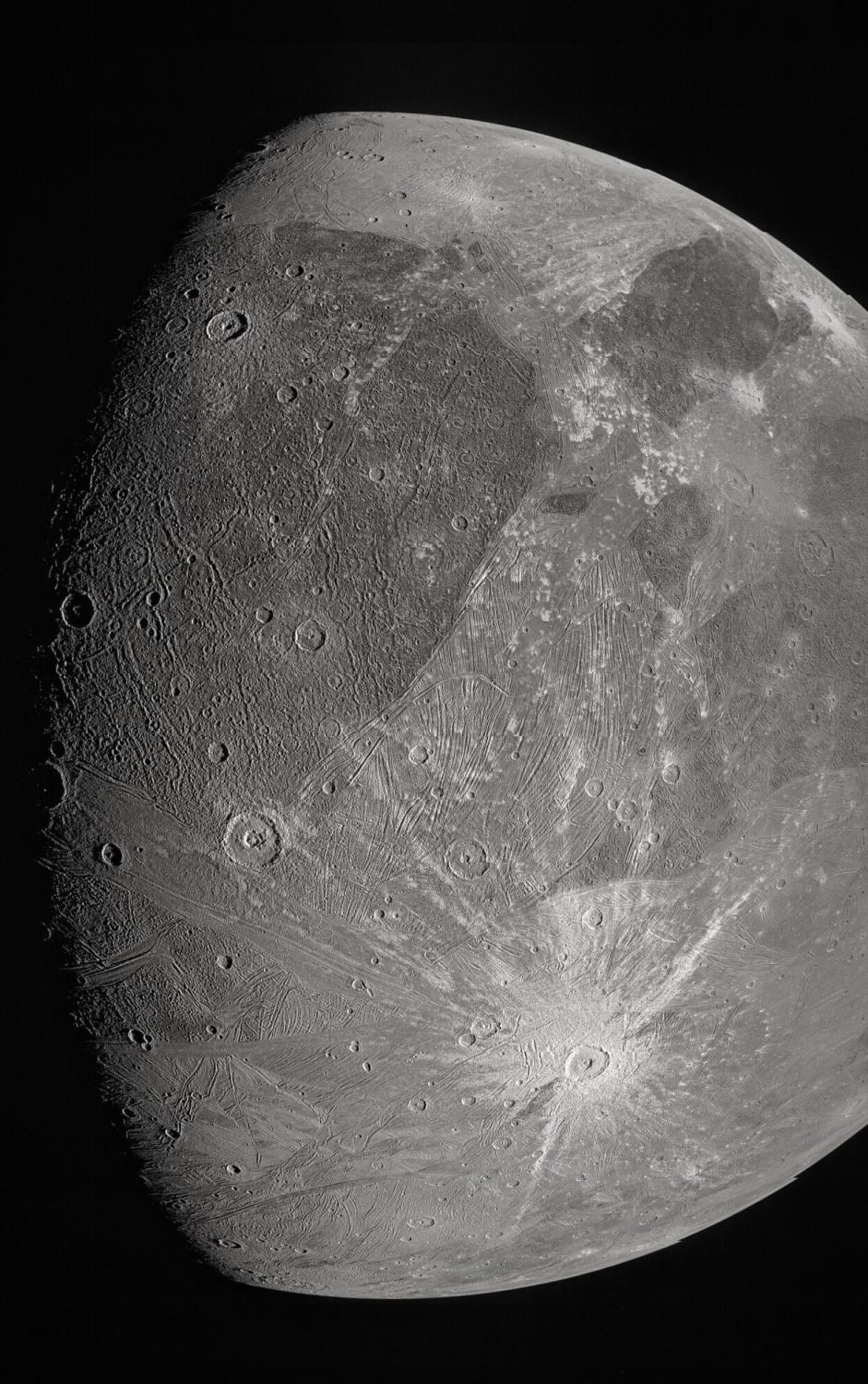 This image of Ganymede was obtained by NASA's Juno Spacecraft JunoCam imager during a flyby of the icy moon on 7 June 2021.