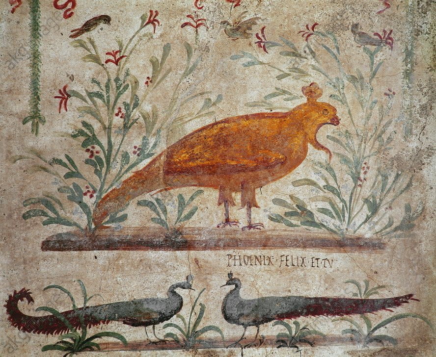 Roman wall painting showing the phoenix. The object dated to the 1st century CE; found in Pompeii. It is currently in the National Archaeological Museum in Naples.
