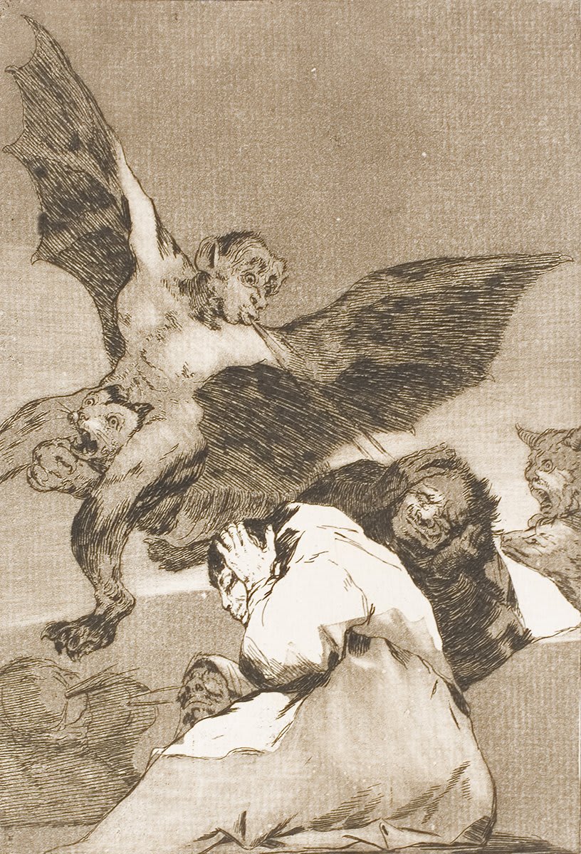 Toward the end of his life, Francisco de Goya created some of his most mysterious imagery, considering themes of superstition and the fantastical nature of dreams and nightmares. See monstrous demons, winged creatures, demonic cats, and other frightful beasts by Goya.