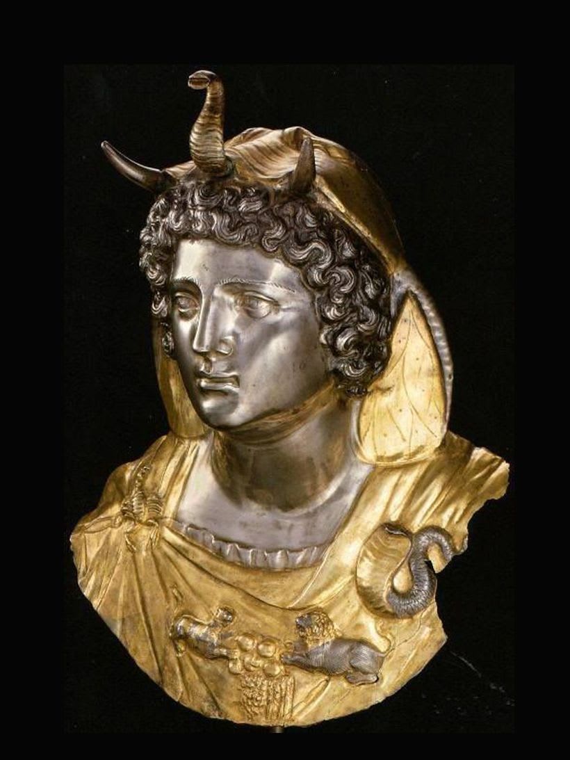 A Roman gilt and silver Emblema of Cleopatra Selene II, the daughter of Cleopatra VII of Egypt and the Roman Triumvir, Marcus Antonius. Shown in elephant headdress as Queen of Mauretania (Algeria). Late 1st century BC - 6 AD.
