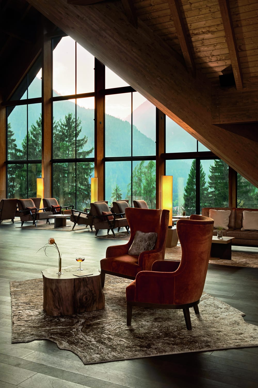 Hotel lobby with a view of the Italian Alps. The Lefay resort and spa.