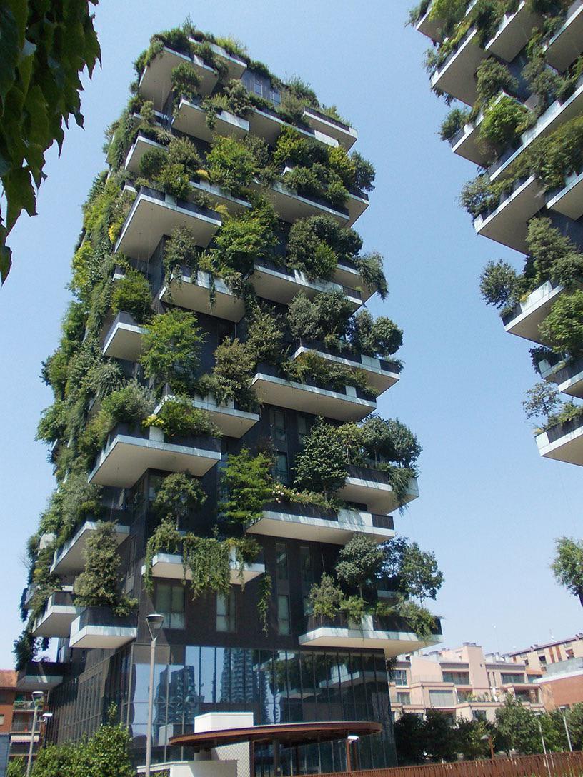 The Vertical Forest buildings in Milan, Italy. They create their own microclimate, producing humidity and O2, and absorbing CO2 and dust particles.