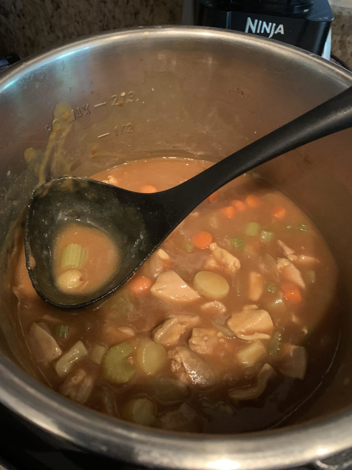 Used my IP to saute-boil-simmer a batch of Japanese curry with diced chicken thighs, onions, carrots, celery, and potatoes. Added some garlic, ketchup, and worcestershire to a little extra twang.