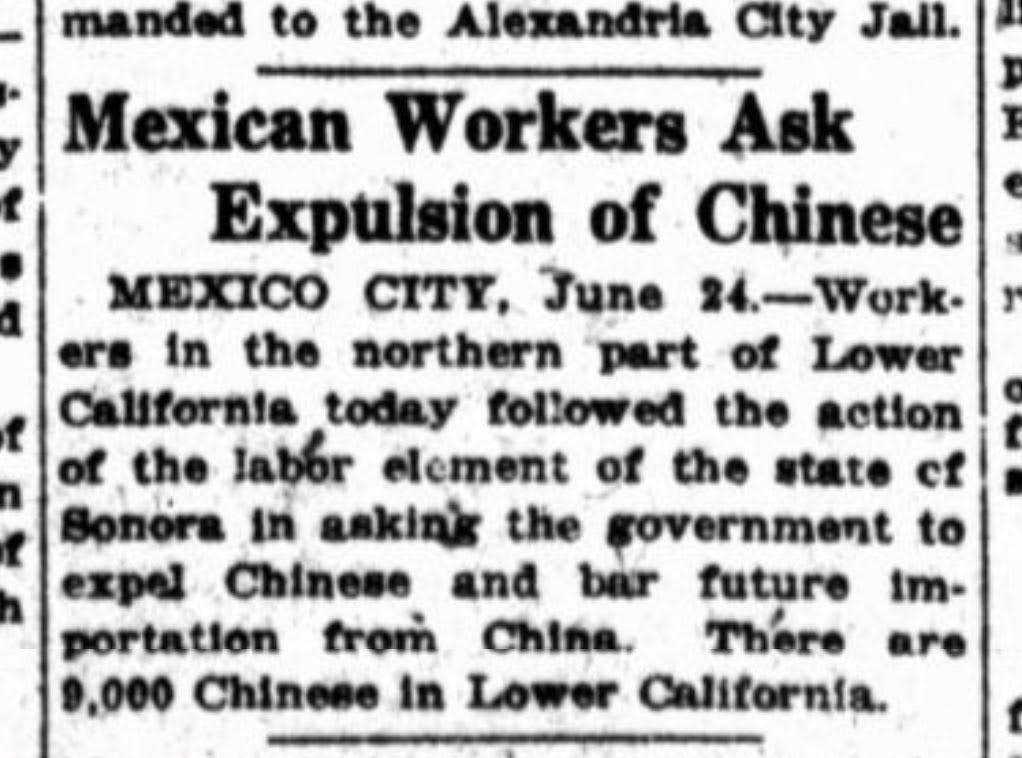 Mexican workers in Baja California ask the federal government to expel Chinese workers from the country and bar future immigration. There are 9,000 Chinese workers in Baja California, competing with local labor.