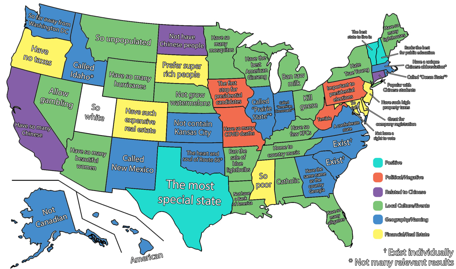 Map of the United States but with search results for "Why is/does [US state]..." from China's largest search engine, Baidu