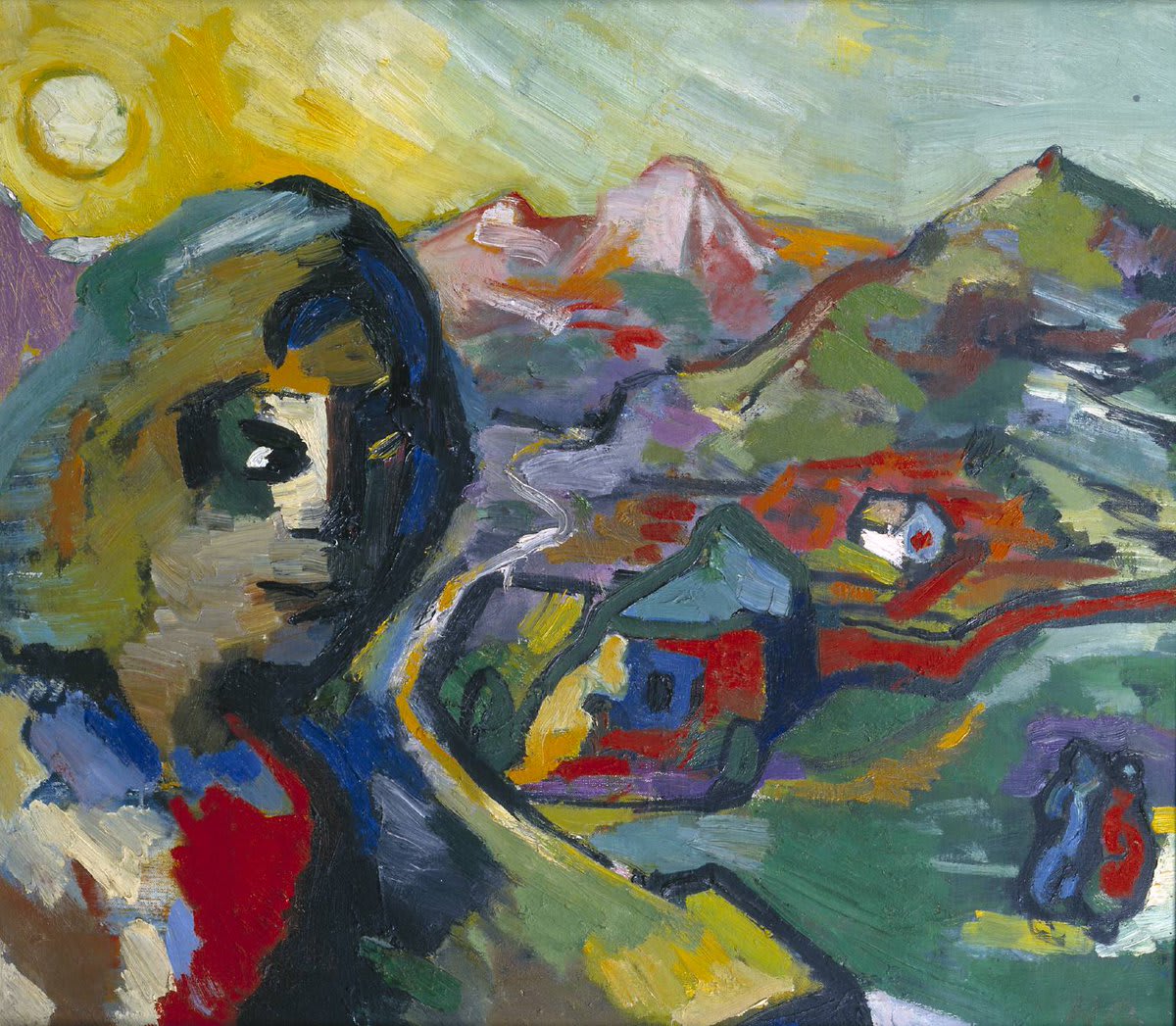 Hilde Goldschmidt’s 'Sphinx' shows the artist in the Lake District, where she moved to from Austria in 1939. She found an artistic community, including fellow refugees. She painted this portrait to recall a moment of happiness. 💜