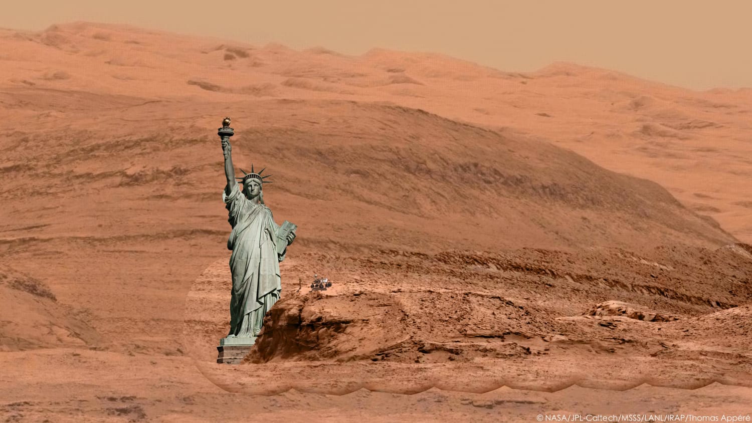 Curiosity rover is heading towards hills at the base of Mount Sharp. I made this photomontage to better grasp their scale, featuring Statue of Liberty, Matt Damon from the Martian and Curiosity itself. The martian panorama is a merge of a high-definition RMI mosaic and a low-def taken with MastCam.