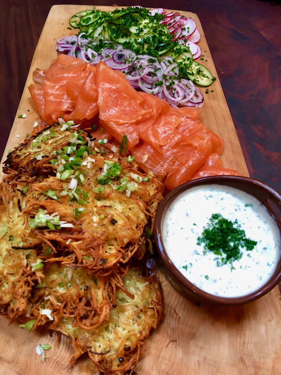 Chappy Chanukah and I love potato parsnip latkes any day! Equal amounts w egg flour or matzo meal and lots of scallion. Fry in safflower oil, then for the sauce: crème fraîche w finely chopped dill, chive, parsley, & capers. Add horseradish, lemon, salt to taste - yum!