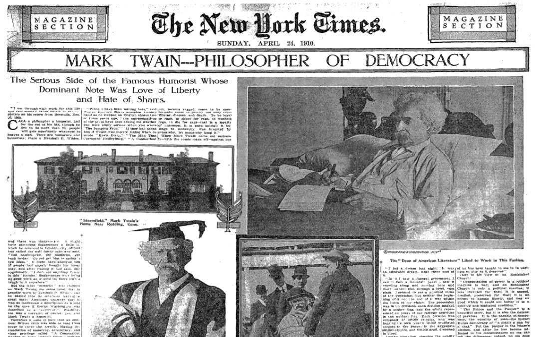 Mark Twain was born this day in 1835. In 1910, The Times explored the humorist's philosophy on Democracy.