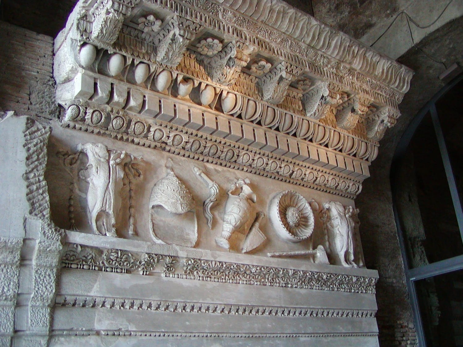 Mindblowing ruins of marble carving from ancient Rome [Temple of Vespasian entablature]